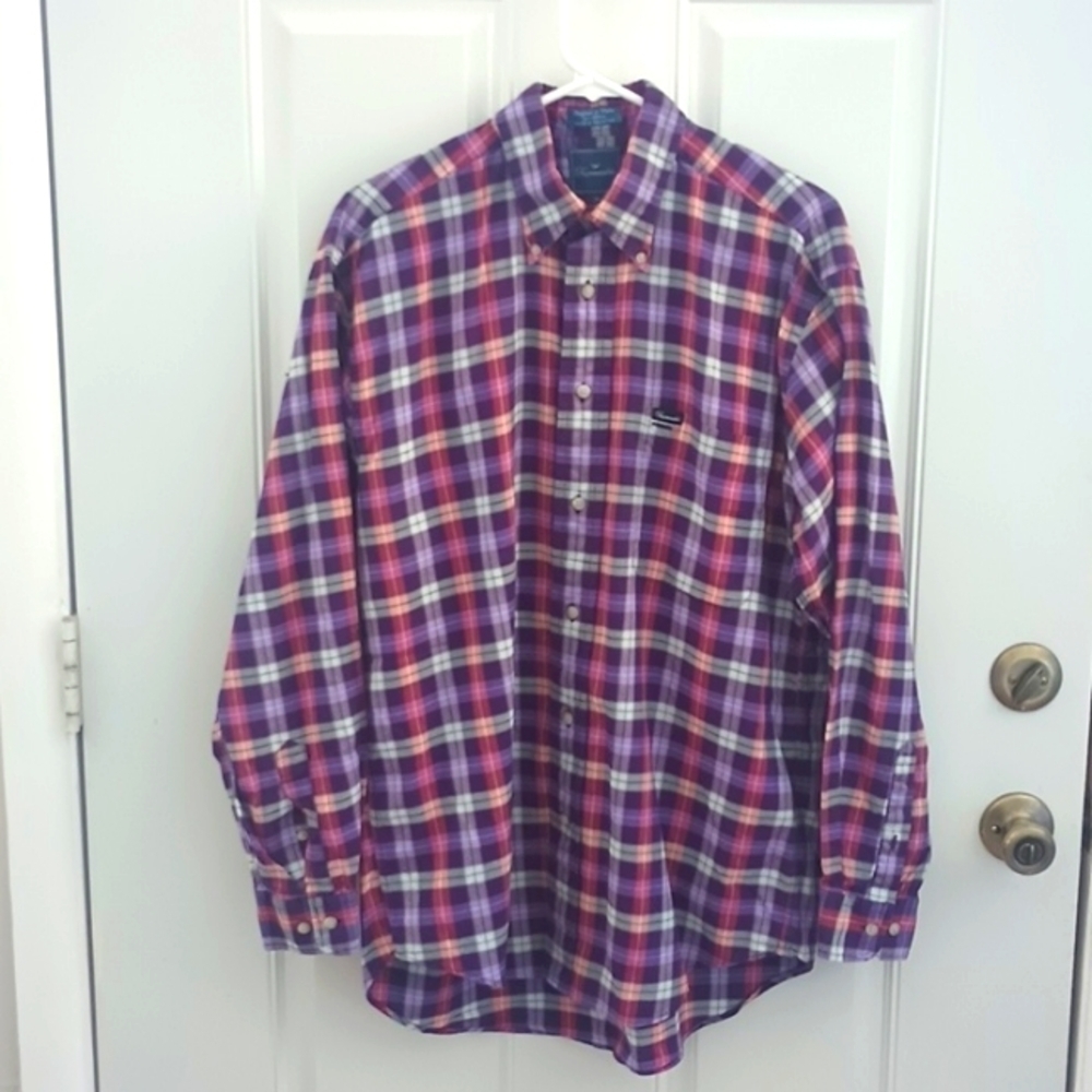 Faconnable cotton long sleeve button down purple plaid shirt size M